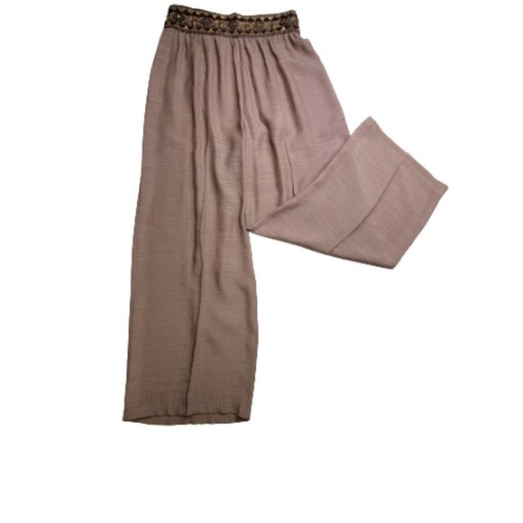 Solid Sand Brown Sheer Sequin Waistband Wide Leg Casual Pants - Picture 3 of 11